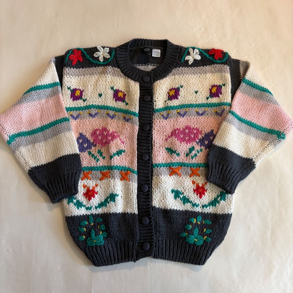 Vintage HDI Designers Originals Floral Embroidered Cardigan Sweater Gray Small
